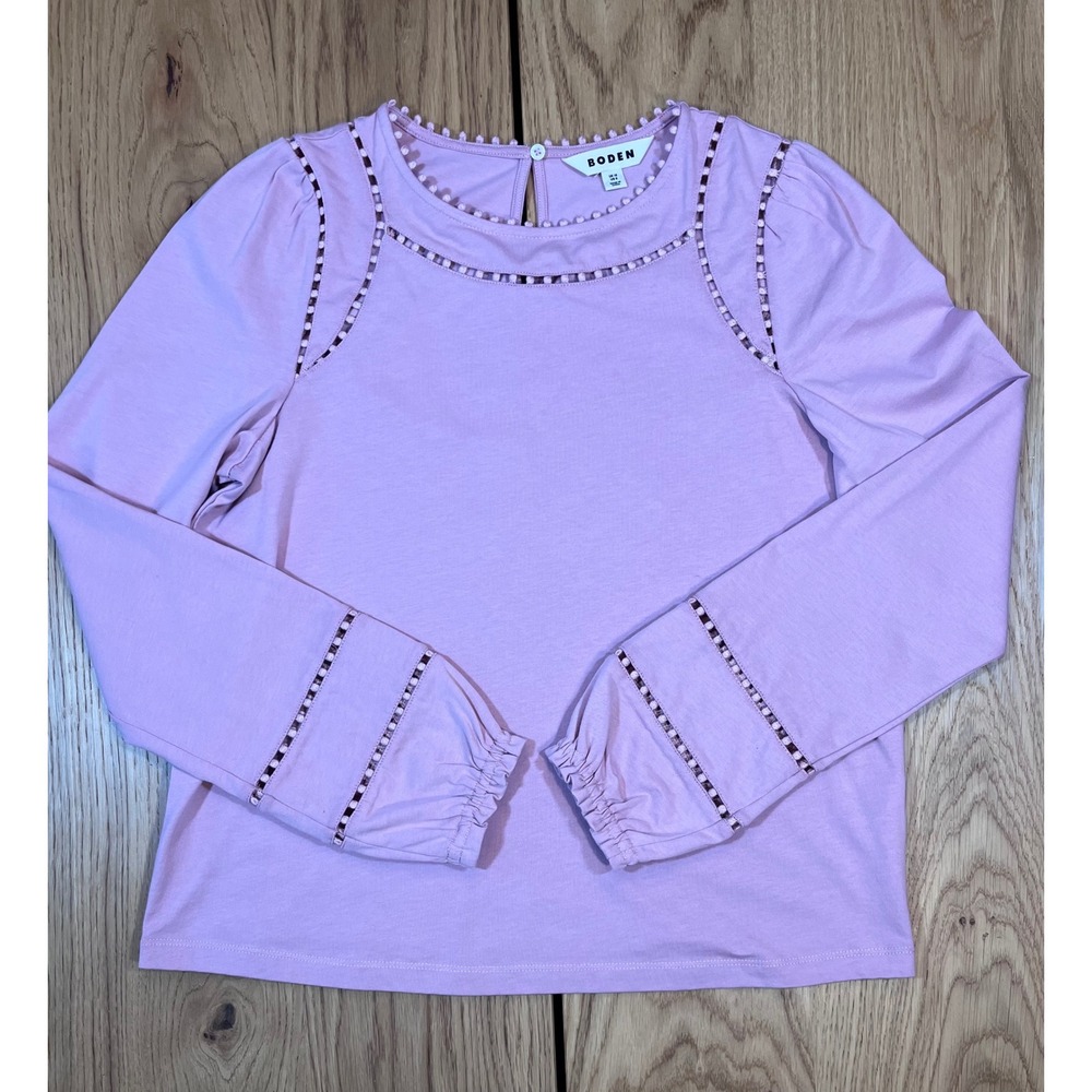 Boden Mila Longsleeve Top Womens Size 8 Pink Boho Ladder Lace Pom Pom Trim T1728